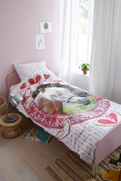 Beddinghouse Reine Baumwoll Bettwäsche 2 teilig Bettbezug 135 x 200 cm Kopfkissenbezug 80 x 80 cm Kids Favorites Pferde 170334 Pink