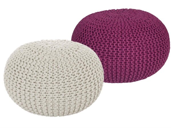 Soma Sitzhocker Pouf Hocker SET 2 Stück Grobstrick-Optik Ø 55 cm, H 37 cm (BxHxL) 55 x 37 x 55 cm natur & violett