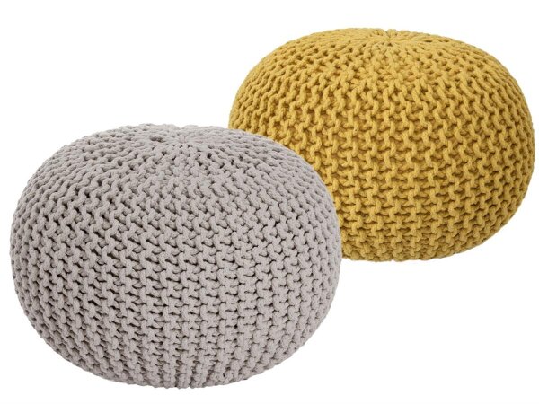 Soma Sitzhocker Pouf Hocker SET 2 Stück Grobstrick-Optik Ø 55 cm, H 37 cm (BxHxL) 55 x 37 x 55 cm beige & gelb