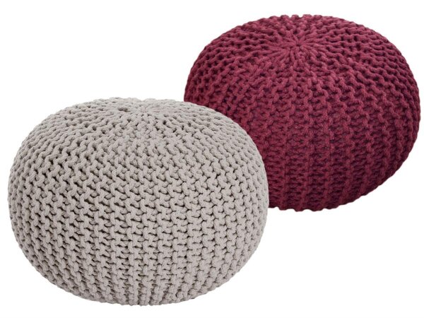 Soma Sitzhocker Pouf Hocker SET 2 Stück Grobstrick-Optik Ø 55 cm, H 37 cm (BxHxL) 55 x 37 x 55 cm beige & bordeaux