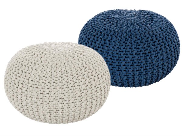 Soma Sitzhocker Pouf Hocker SET 2 Stück Grobstrick-Optik Ø 55 cm, H 37 cm (BxHxL) 55 x 37 x 55 cm natur & blau