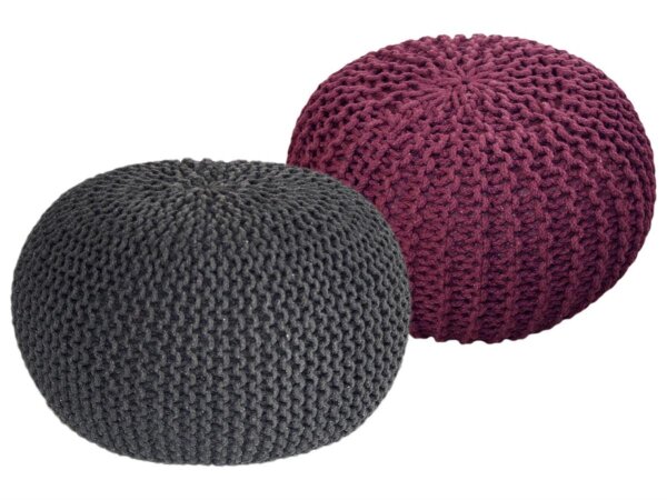 Soma Sitzhocker Pouf Hocker SET 2 Stück Grobstrick-Optik Ø 55 cm, H 37 cm (BxHxL) 55 x 37 x 55 cm grau & bordeux