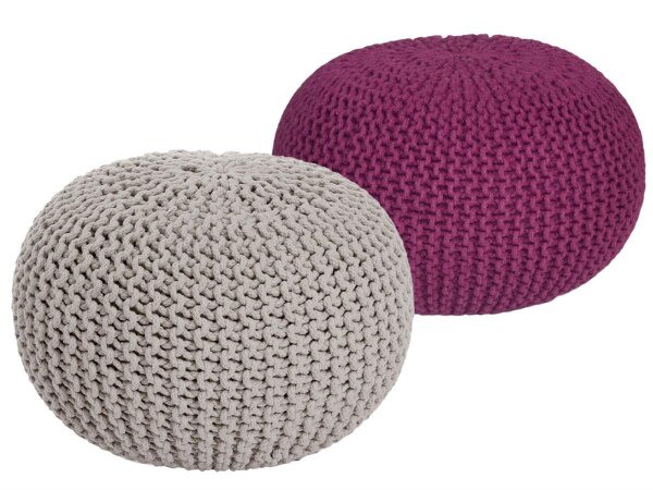 Soma Sitzhocker Pouf Hocker SET 2 Stück Grobstrick-Optik Ø 55 cm, H 37 cm (BxHxL) 55 x 37 x 55 cm beige & violett