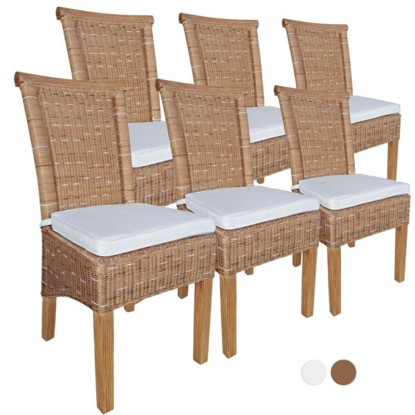 Soma Esszimmer-Stühle Set Rattanstühle Perth 6 Stück weiß oder braun Sitzkissen Leinen weiß (BxHxL) 47 x 97 x 54 cm cappuccino mit Sitzkissen