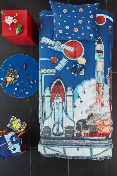 beddinghouse Kids Renforcé Bettwäsche 2 teilig Bettbezug 100 x 135 cm Kopfkissenbezug 40 x 60 cm Kids Rocket Ship 196418 Blau