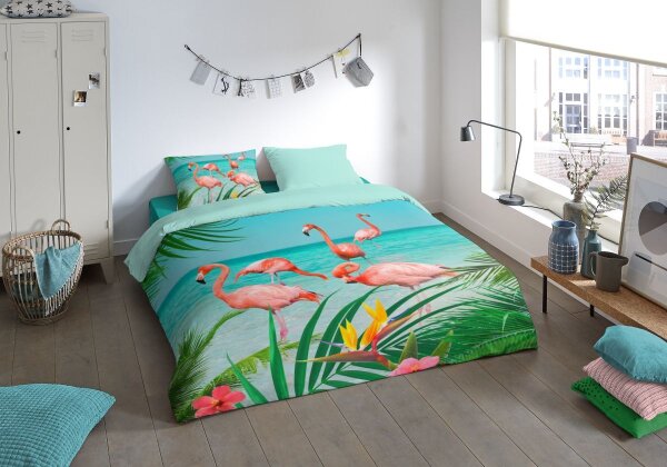 Pure Microfaser Bettwäsche 3 teilig Bettbezug 240 x 220 cm Kopfkissenbezug 60 x 70 cm Flamingo 6422.99.03 Multi