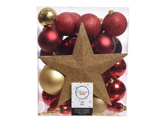 Soma Christbaumkugeln Weihnachtskugeln Box a 33 Stück D = 8.00cm Kugeln bruchfest Shatterproof assorted rot gold