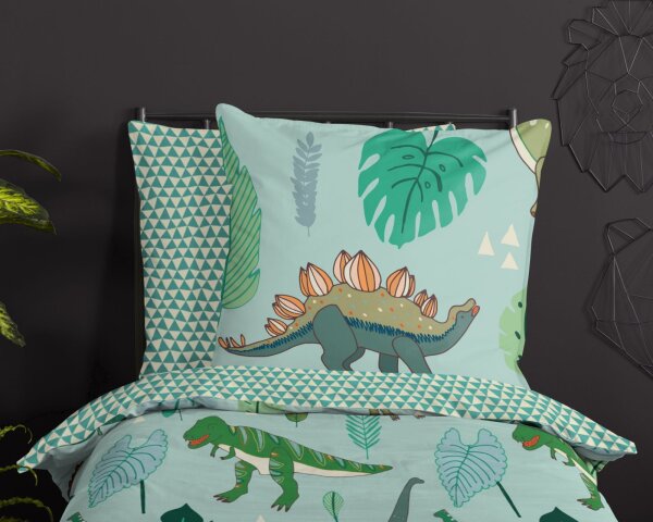 Soma Renforcé Pastell Bettwäsche-Set 2 teilig Bettbezug 2tlg 135x200cm 80x80cm Dino Dinosaurier Mint Dreieck