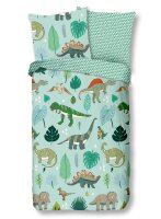 Soma Renforcé Pastell Bettwäsche-Set 2 teilig Bettbezug 2tlg 135x200cm 80x80cm Dino Dinosaurier Mint Dreieck