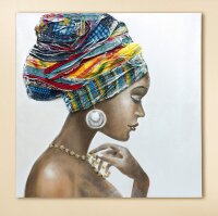 Gilde Bild Afrikanische Schönheit (BxHxL) 100 cm x 100 cm x 3 cm farbig Textil-Kopftuch handgemalt a.Leinw.