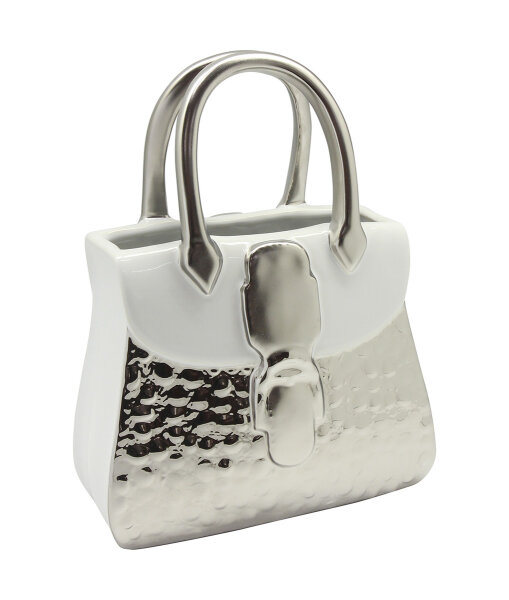 Gilde Keramik Handtasche"Flores" VE 2 (BxHxL) 19 cm x 25 cm x 11 cm weiss/silber glänzend, silber matt/ Vase Sie kaufen hier immer ein Set von 2 gleichen Artikeln.