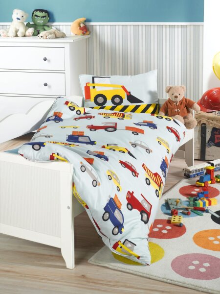 Optidream Microfaser Baby Bettwäsche 100 x 135 cm Bettbezug  Kopfkissenbezug 40 x 60 cm Baustelle