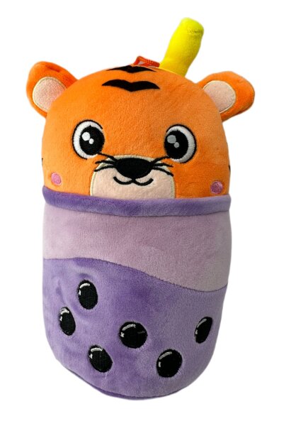 Bubble Tea Plüschtier 20 cm Boba Kuscheltier Plüschpuppen Weiche Bubble Tea Kuscheltier Tee Weiche Puppe Teetasse Kissen Kinderspielzeug (Bubble Tea Tiger lila orange 20 cm)