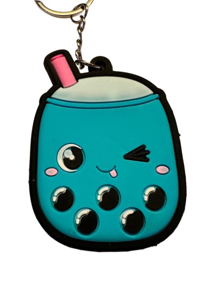 Schlüsselanhänger 6cm Mini Anhänger Geschenk Cartoon Schlüsselanhänger Silikon Schlüsselanhänger für Handyhülle Charme Rucksack Geschenk Bubble Tea blau