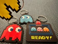 Schlüsselanhänger 5cm Mini Anhänger Geschenk Cartoon Schlüsselanhänger Silikon Schlüsselanhänger für Handyhülle Charme Rucksack Geschenk Pac-Man gelb Inky blau