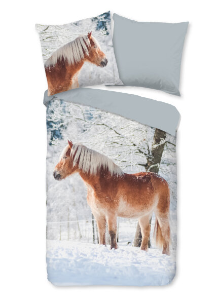 Good Morning Flanell Bettwäsche 135 X 200 cm + 1- 80 X 80 cm Scarlet haflinger horse in the snow bunt