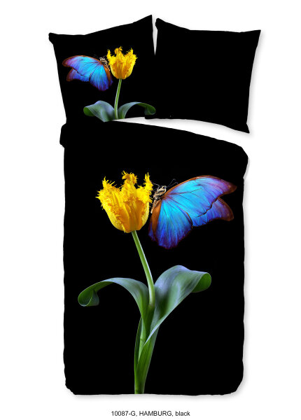 Good Morning Renforcé Bettwäsche 135 X 200 cm + 1- 80 X 80 cm Hamburg parrot tulip & butterfly schwarz