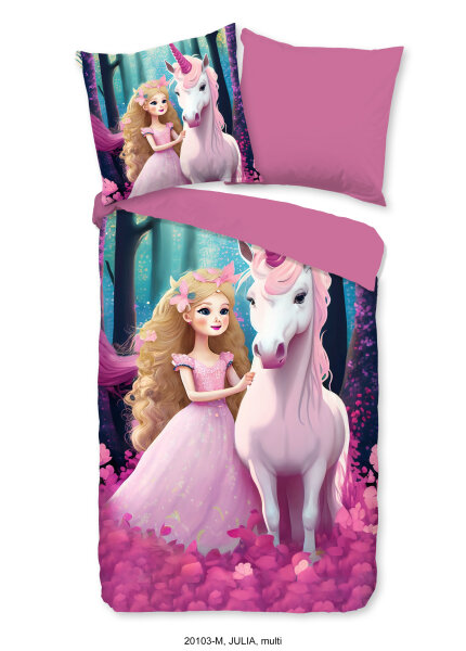 Pure Microfaser Bettwäsche 135 X 200 cm + 1- 80 X 80 cm Julia unicorn with a princesss bunt