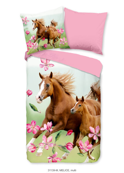 Pure Microfaser Bettwäsche 135 X 200 cm + 1- 80 X 80 cm Melice horses with pink flowers bunt