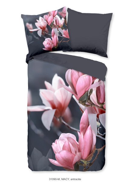 Pure Microfaser Bettwäsche 135 X 200 cm + 1- 80 X 80 cm Macy magnolia flowers grau