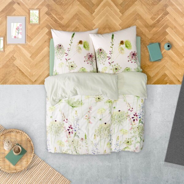 Estella Mako-Satin Bettwäsche-Garnituren 2 teilig Bezug 155 x 200 cm + 1 x Kissen 80 x 80 Meadow Floral grün
